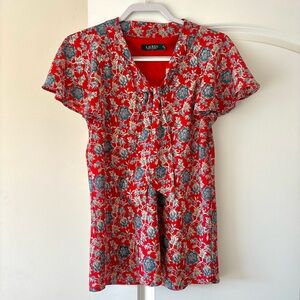 Ralph Lauren Floral Tie Neck Flutter Sleeve Crepe Blouse Red Cream Blue Medium